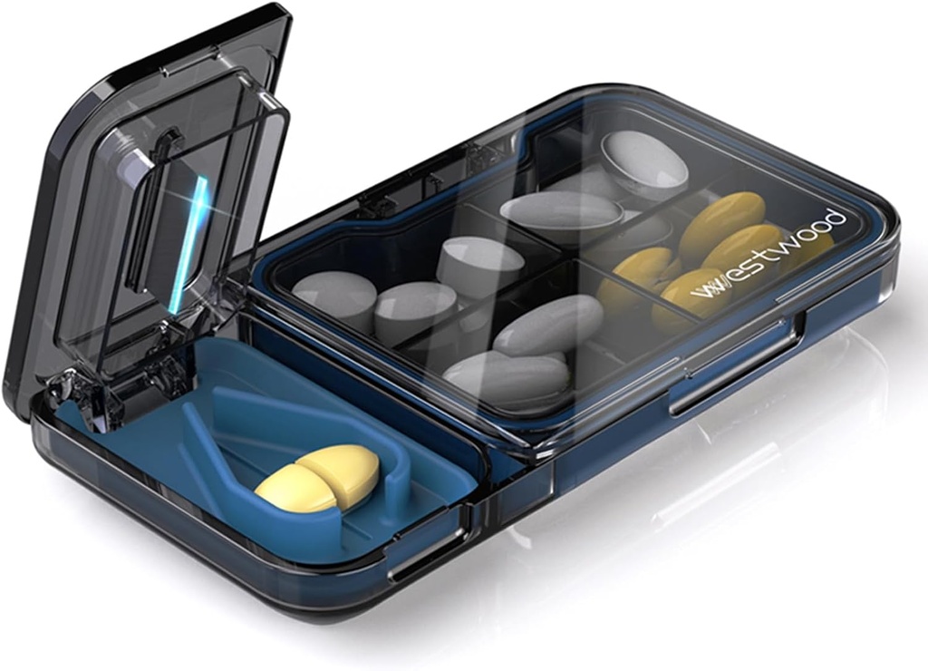 Travel Pill Organizer dengan Pill Cutter Splitter, 4 Comments Pill Case, Kotak Pill Kecil untuk Pocket Purse, Kontainer Daily Pill untuk Menahan Persediaan Minyak Vitamin Liver, Obat-obatan (Hitam)