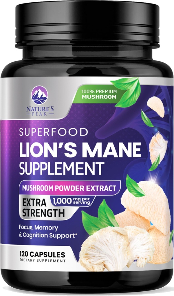 Lions Mane Mushroom Capsules 10.000mg - Lions 's Mane Pasokan Kasules for Memory and Focus Dukungan, Brain, Dukungan Kesehatan Ammune, Vegan, Botol di Amerika Serikat, Ekstrak Mee Jamur, 120 Count