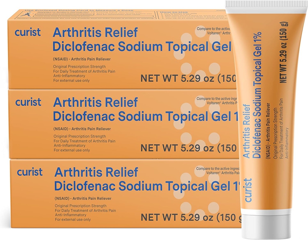 Diclotfenac Arthritis Cream Gel 1% (3 Tubes of 150g) - Stop Pain in in Wrists, Feet, Elbow, & Ankles. Hand Arthritis Pain Relief & Knee Arthritis Pain Relief (3 Pack, 5.29 oz ea.)