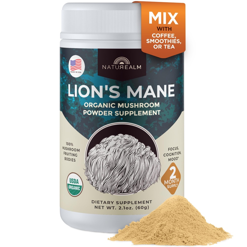 Naturealm Lion 's Mane Mushroom Powder - Otak Organik Dukungan untuk Kejernihan Memori Fokus - Tidak Kognitif Fungsi - 60 Servis