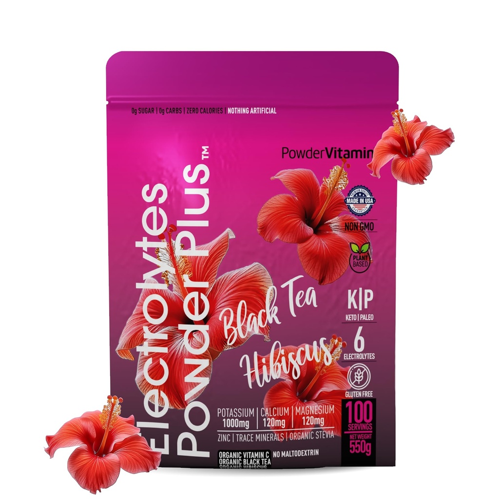 PowderVitamin Electrolytes Powder Plus (100 pelayan) Black Tea Hibiscus Electrolite Powder Keto, Sugar Free, Pink Himalaya Salt, 1000mg Potasium, 120 mg Calcium, 120mg Magnesium, Hidration Powder