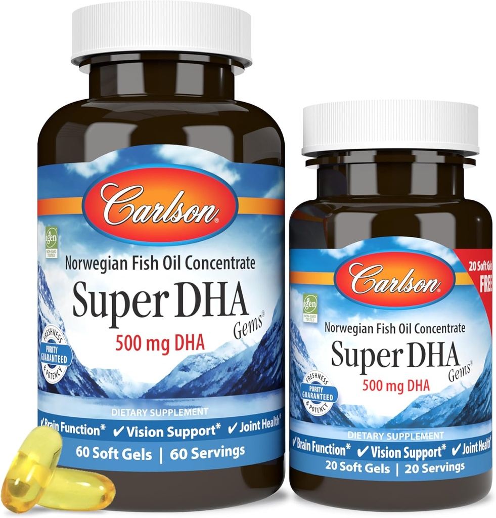 Carlson - Super DHA Gems, 500 mg DHA Suplemen, 640 mg Fatty Acids, Wild- Caught Norwegia Car Fish Oil Konsentrasi, Disediakan Nordic Fish Oil Capsules, 60 + 20 Softgels