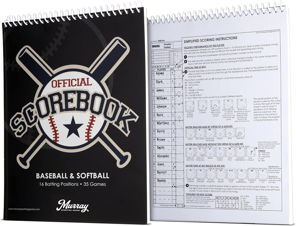 Murray Sporting Goods Baseball & Softball Scorebook - 35 Game Score Book - Score Keeping Book for Stats - Dewasa, Youth, Little League Baseball Softball Scorebook for Scorekeepers