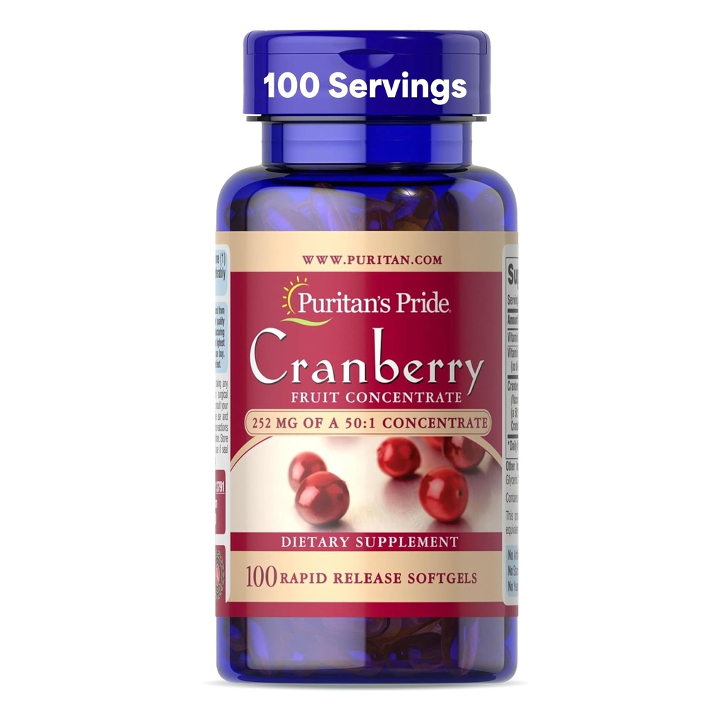 Puritan 's Pride Premium Cranberry Fruit Konsentrasi 252mg (12.600mg Equivalen) dengan Vitamin C dan E, Suplemen Dieter untuk Imune System Suffels, 100 Rapid Lepaskan Softgels