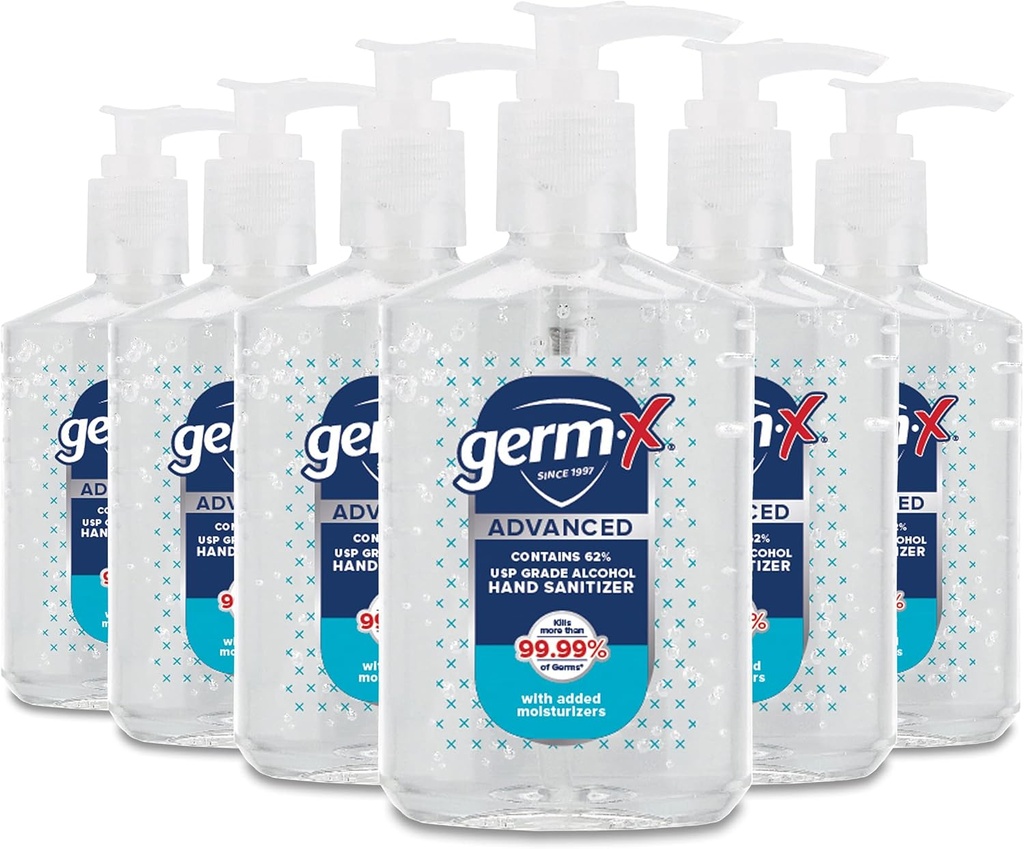Germ-X Advanced Hand Sanitizer, Non- Drying Moisturizing Clear Gel, Instant dan No Rinse Formula, Back to School Supplies, Pompa Bottle, 8 Fl Oz (Pack of 6)