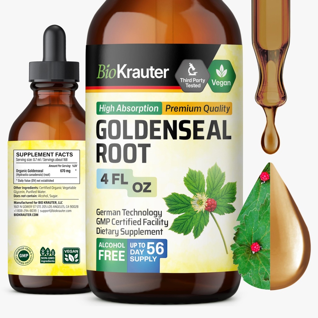 BIO KRAUTER Goldenseal Tasture - Vegan Lung Cleanse & Detox - Golden Seal Herb Suplemen - Alkohol & Gula Free Drops - 4 Fl.Oz.