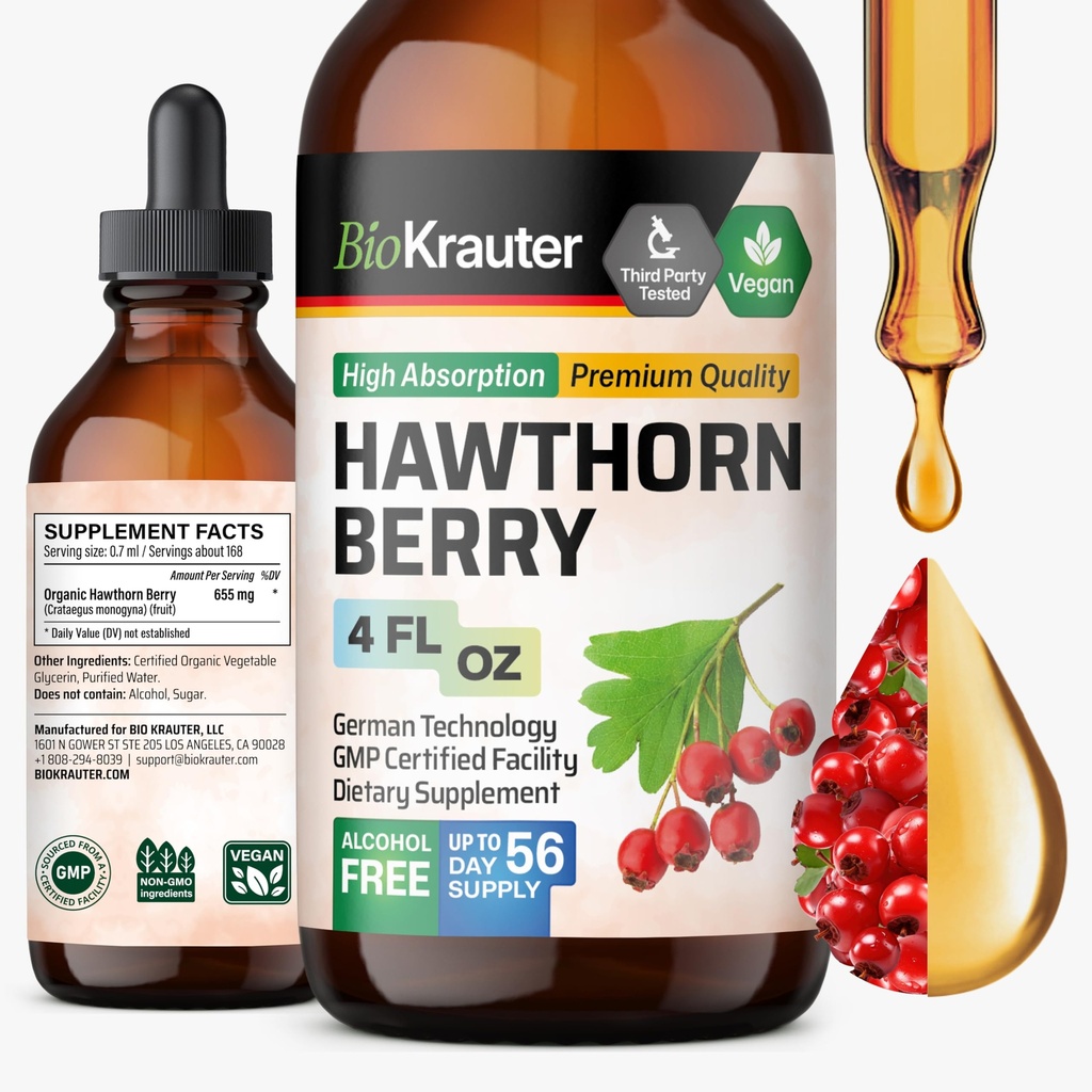 BIO KRAUTER Hawthorn Berry Extract Taincture - Natural Hawthorne Berry Supplement - 100% Murni Formula - Vegan Sugar & Alkohol Bebas 4 FI Oz.