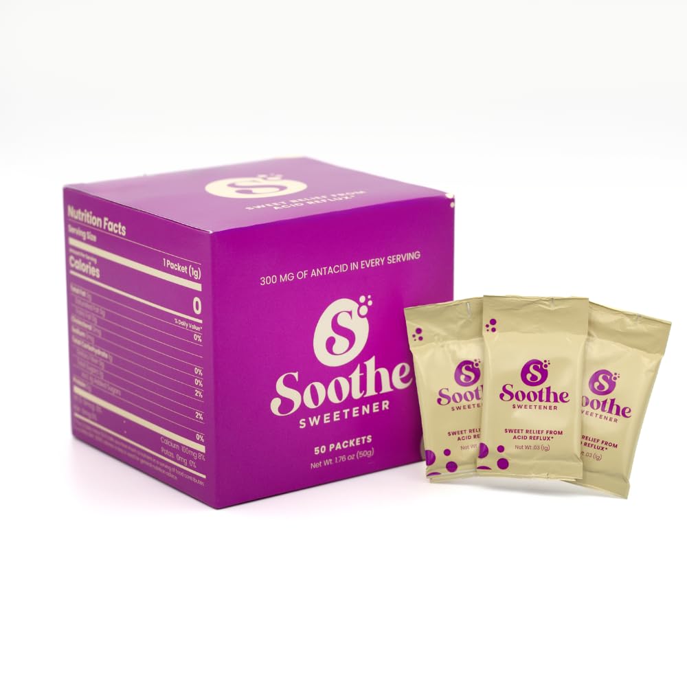 Sweet Relief Soothe Natural Antacid for Acid Reflux - Calcium Carbonate Heartburn Relief, Zero Calorie Sweetener, Beverage Enhancer (50 Count)
