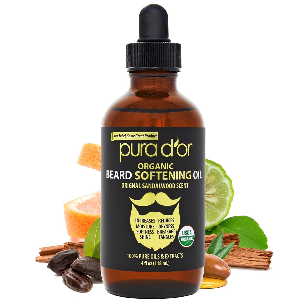PURA D 'OR 4 Oz Organic Beartening Oil - Original Santalwood Scent - Leavein Conditioner, Argan & Joba Oil - Kumis Perawatan & Pemeliharaan, Meningkatkan Kelembutan & Kekuatan - Rambut Berjenggot, Skin & Wajah