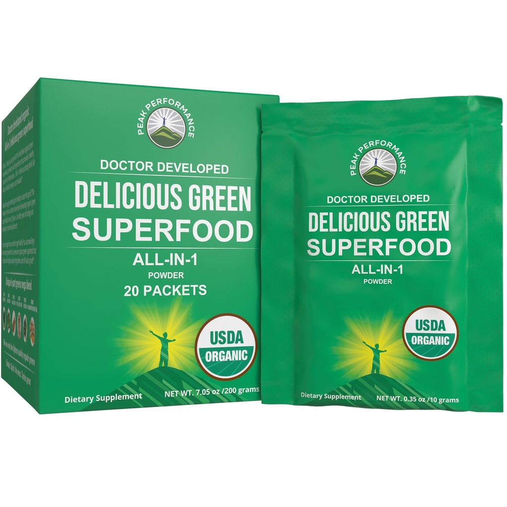 Peak Performance Organic Hijau Superfood Powder Single Serve Travel Paketnya. Best Tasting Organic Green Juice Super Food with 25 + All Natural Ingreations for Max Energy. (20 Pack)