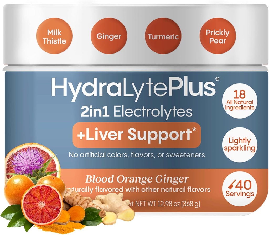 Hydralyte Liver Dukung + Electrolite Mix dengan Milk Thistle, Turmeric, Ginger, Prickly Pear, Green Tea Extract Formulate for Rapid Rehydration, (Blood Orange Ginger, 40 Serve Tub)