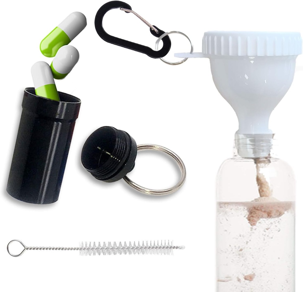Saluran Protein Powder Set Kontainer Bedak Travel Putih dengan 1 Carabiner 1 Brush dan 1 Mini Pocket Pill Box Reinforced untuk Mencegah Spill Gym Pre-Workout Suplemen Funnels