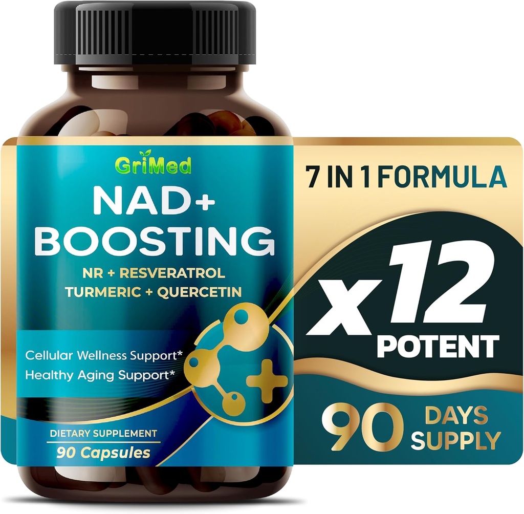 GriMed NAD + Boosting 16,550mg-x12 Daya dengan NR + Resveratrol Turmeric + Quercetin - Cellular Energy, Cellular Repair, Healthy Aging - USA Made & Tested (90 Cacah (Paket 1))