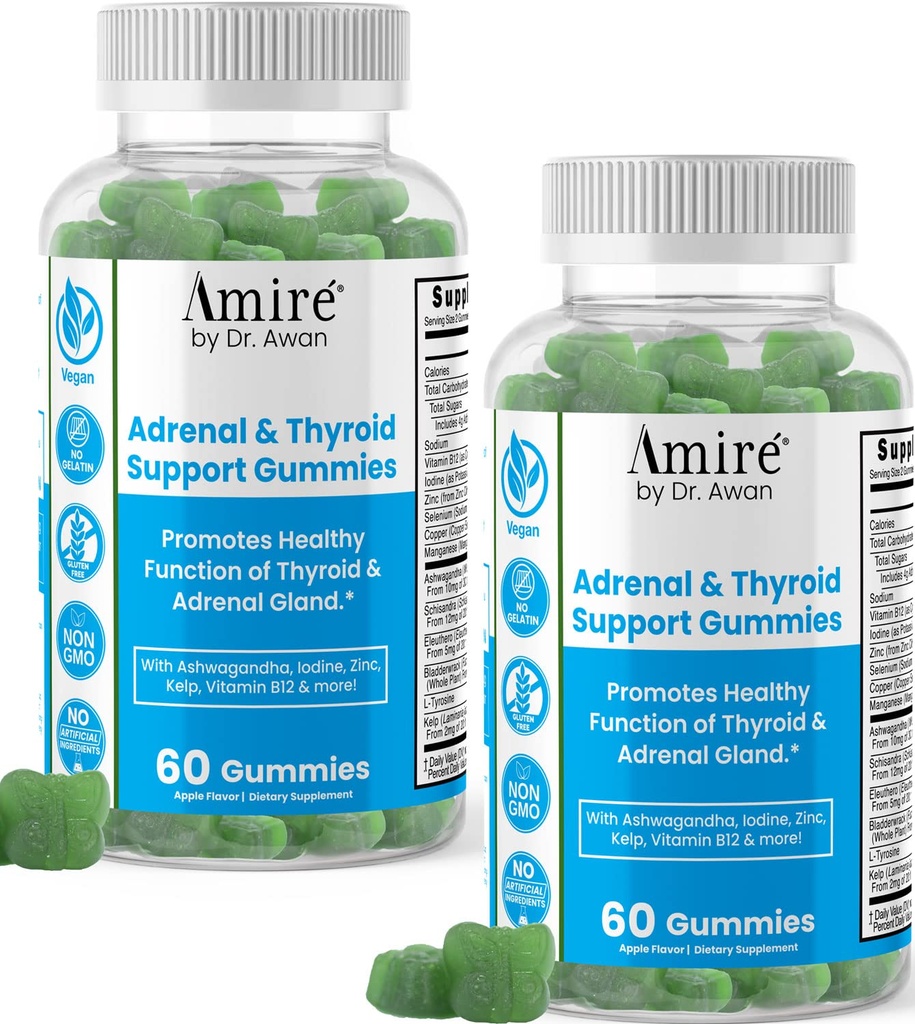 Amire by Dr. Awan Thyroid Dukung Gummies, Promotes Healthy Fungsi Thyroid, Kelp, Selenium & Ashwagandha untuk Meningkatkan Energi, Kebal, Metabolisme, 120ct, 60day Suppply