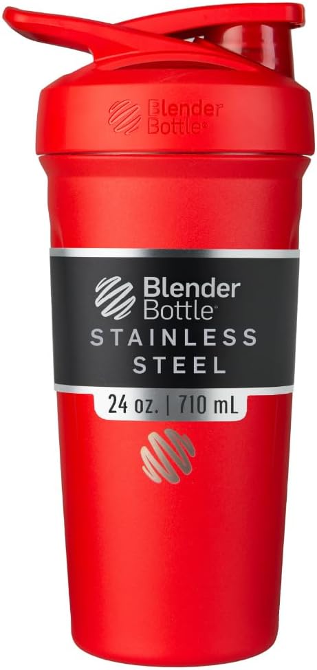BlenderBottle Strada Shaker Cup Insulated Stainless Steel Water Bottle with Wire Whilk, 24- Ounce, Red