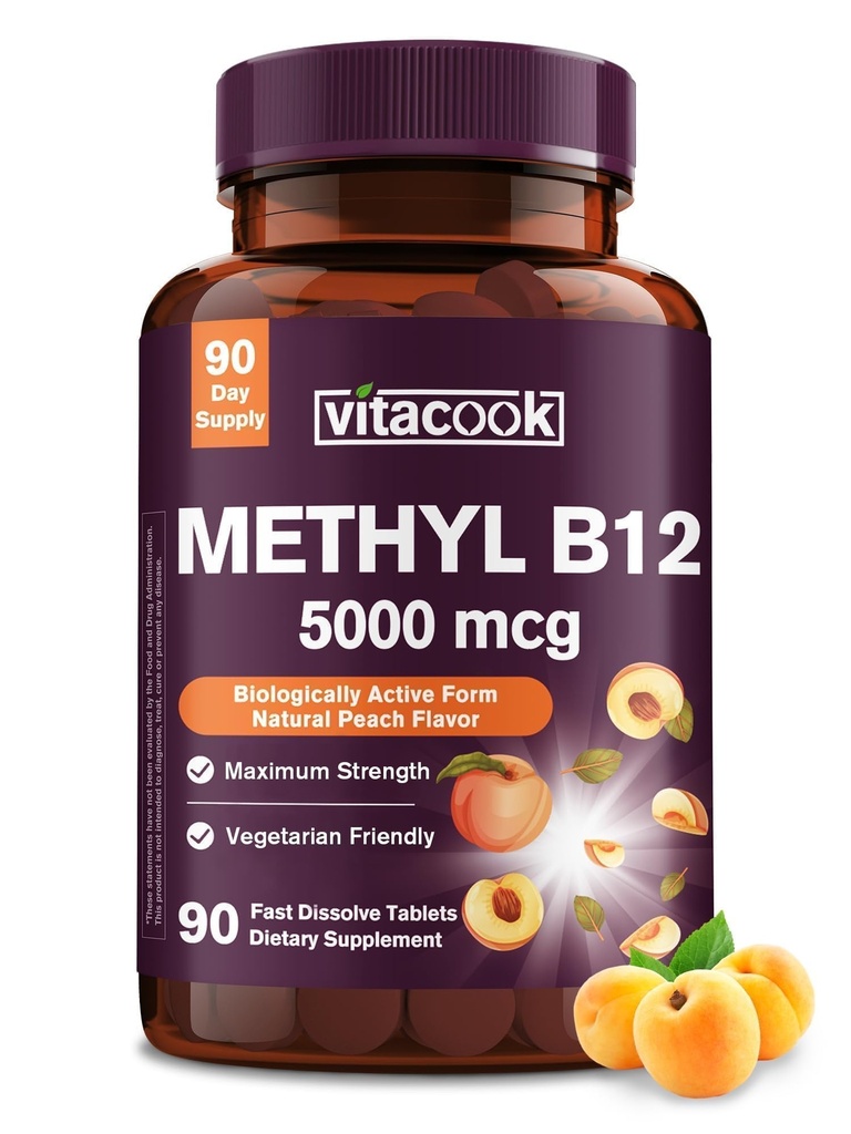 Vitamin B12 Sublingual, Methylcobalamin 5000mcg for Energy Production, Energy, Nerve & Cell Dukungan, Natural Peach Flavor, Vegan, Zero Sugar, 90 Fast Dissolve Tablet
