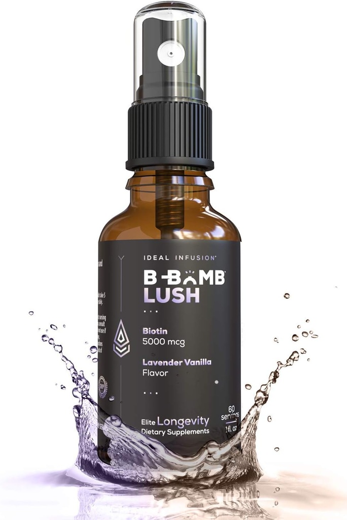 Ideal Infusion B-Bomb Lush Biotin Limid Spray: Organik Lavender Vanilla - 5000mcg, Rambut Tumbuh Vitamin untuk Thickness dan Volume - Skin Kesehatan, Lebih Kuat Nails, Keto, Vegan