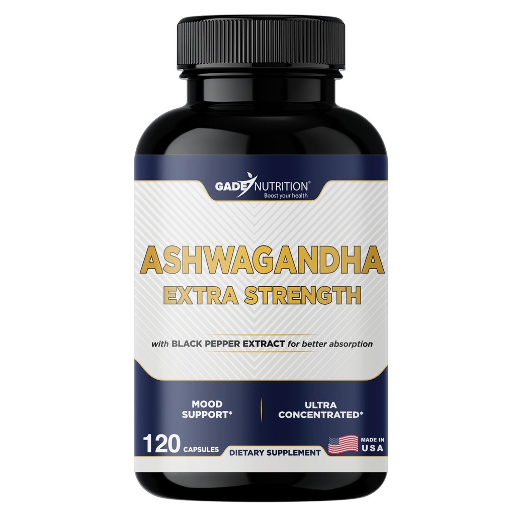 Suplemen Gade Nutrition Ashwagandha - Ekstra Kekuatan, ashwagandha Powsules dengan Black Pepper, Natural Mood, Fokus, dan Dukungan Energi Suplemen, 120 Vevgie Capsules, AS Dibuat