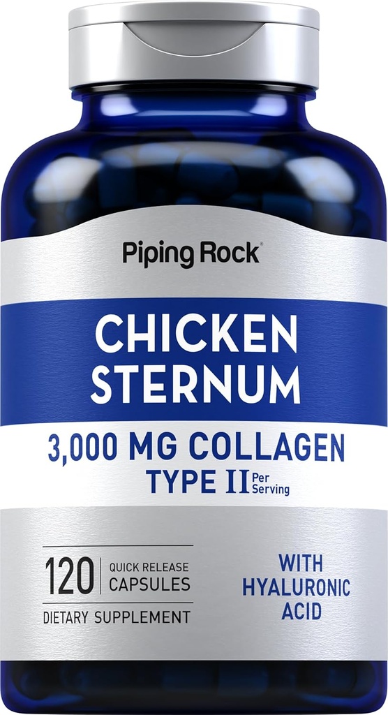 Piping Rock Chicken Sternum Tipe II Collagen Suppplemen 124; 3000mg 124; 120 Capsules 124; dengan Acid Hyaluronic 126; Non-GMO, Gluten Bebas