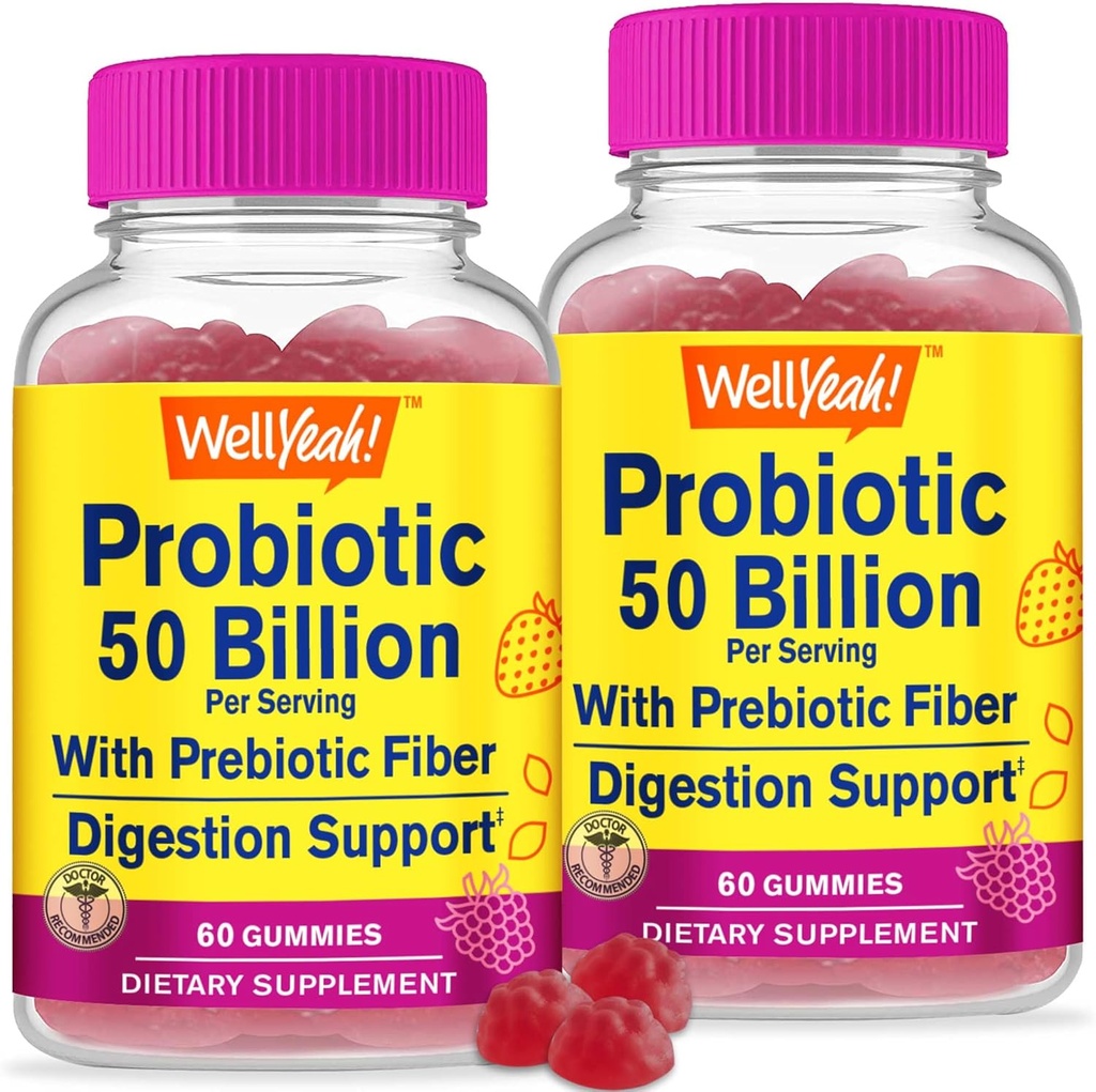 WellYeah (2 Paket 50 Miliar Prograine + Pregities for Men and Women Gummies - Dukungan Digetical Health, Gut Health, Imune Dummere Dummy - Prograin for Digetical Health with 12 Strains - 60 Gummies