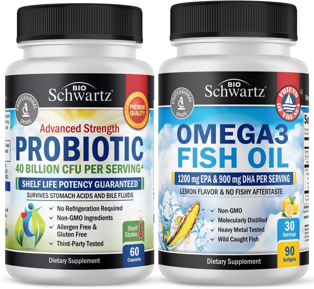 Triple Strength Omega 3 Fish Oil Softgeels (1 Month Supply) Plus 40 Milyar CFU Daily Probiotic Suplemen (1 Pasokan Bulan)