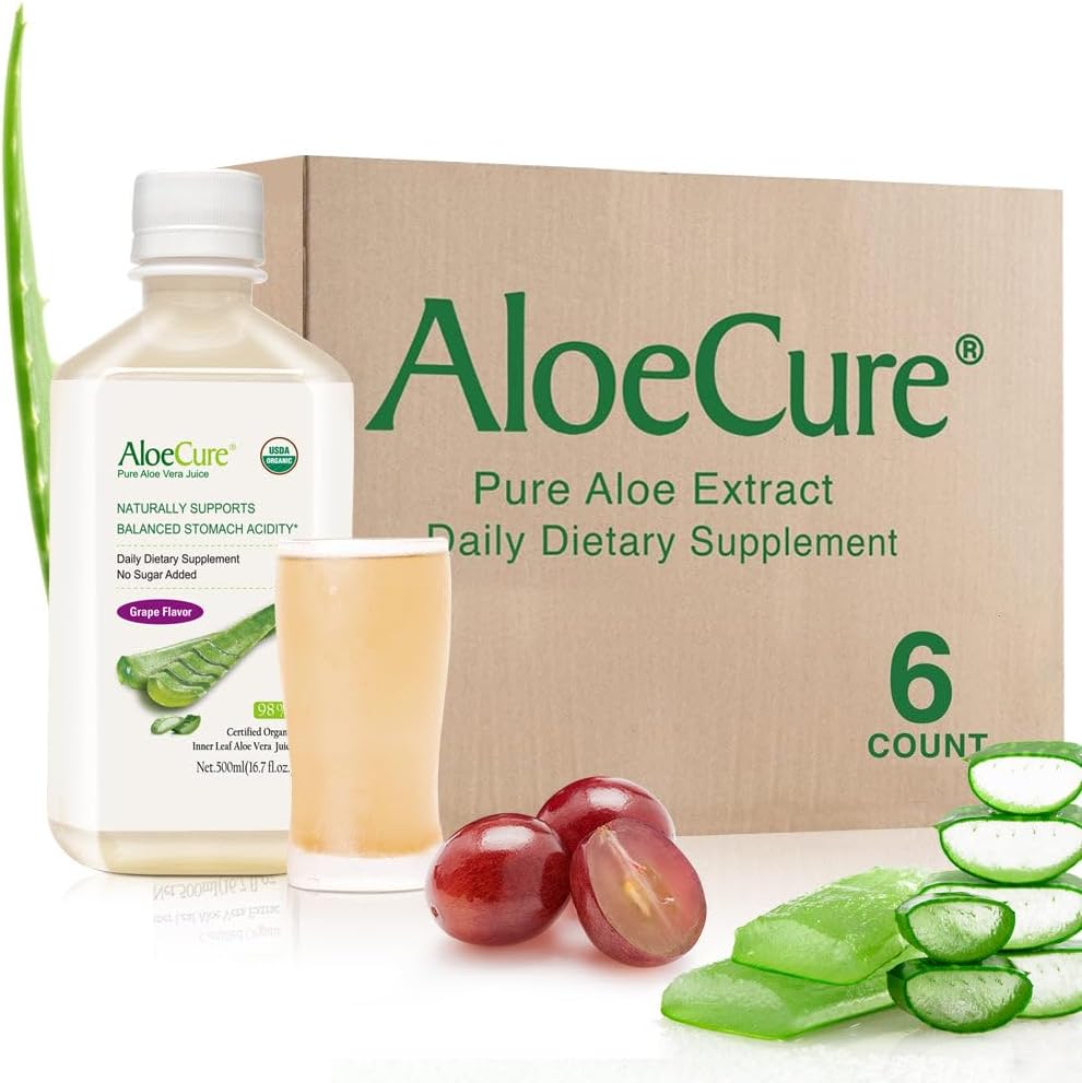 AloCure USDA Organic Aloe Vera Scrape Flavor, Made In 12 Hours of Harvest - Pure Aloe Vera Digetical & Imune Health Supplemen, Membantu Mempertahankan Acidity Balanced Stomach, 16.7oz x 6 Btls