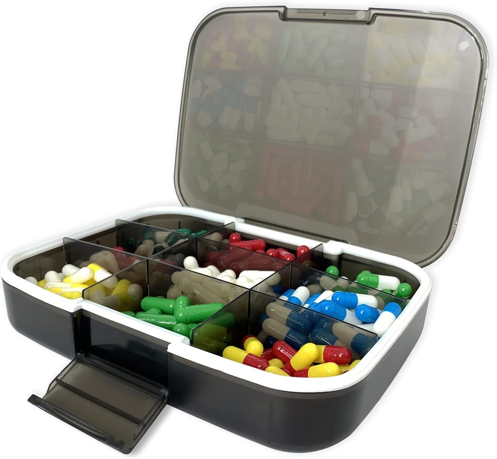 Large Pill Organizer, 7.7x5.7 "Travel Vitamin Box Lightproof 9 Comports Portable Pill Cases Suplemen Moigurable