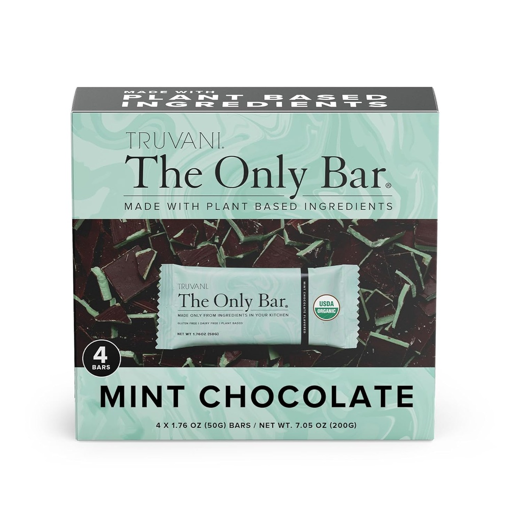 Tanaman Truvani Based Snack Bars 144; Chocolate Mint 4 Pack 124; 7g Protein 14; USDA Organik dan Vegan 124; Satu-satunya Bar 124; Dairy, Soy, dan Gluten Gratis 124; Dibungkus Individually