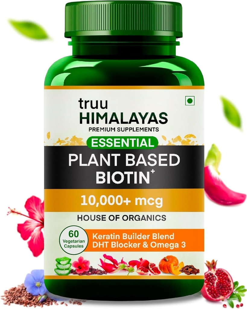 Tanaman Berbasis Biotin 1000mcg untuk Pertumbuhan Rambut dengan Blocker DHT, Kertin & Omega 3 Suplemen untuk Pria & Perempuan - Nutrien Ayurvedic untuk Rambut, Skin & Nails Kesehatan - 60 Capsules
