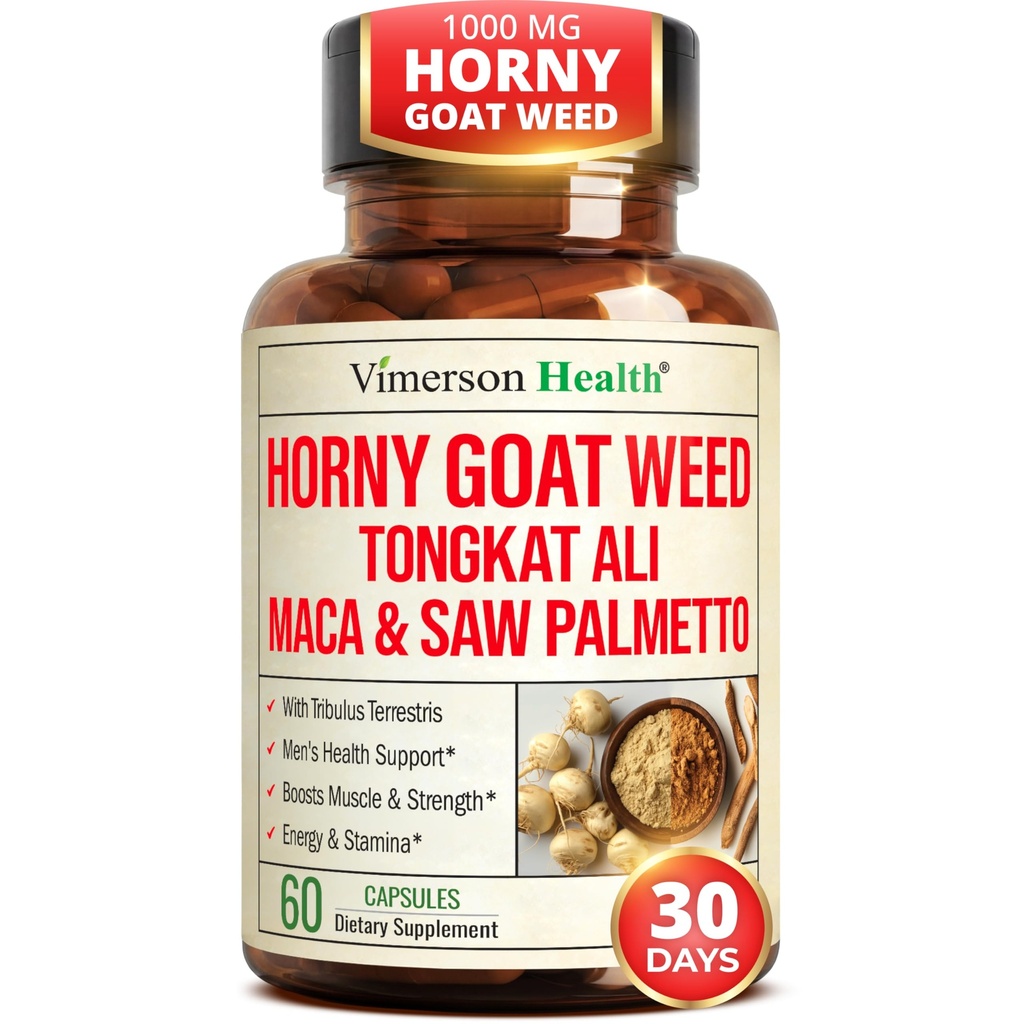 HornyGoatWeed for Men (1000mg per Serving) - Male Enhancing Suplement w / Maca Root, Tongkat Ali, Saw Palmetto, Panax Ginseng, Tribulus Terrestris & L- Arginine for Energy, Drive & Kekuatan