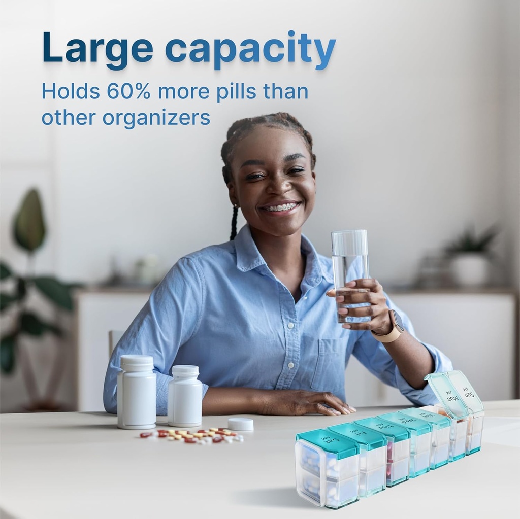 Ekstra Large Pill Organizer 2 Kali sehari - XL Pill Box 7 Day dengan Kompartemen Big AM / PM - Cocok Besar Vitamin, Suplemen & Gummies, untuk 7 atau 14 Hari Gunakan, Warna-Coded, Sensy-Friendly, Tidak Ada Spills