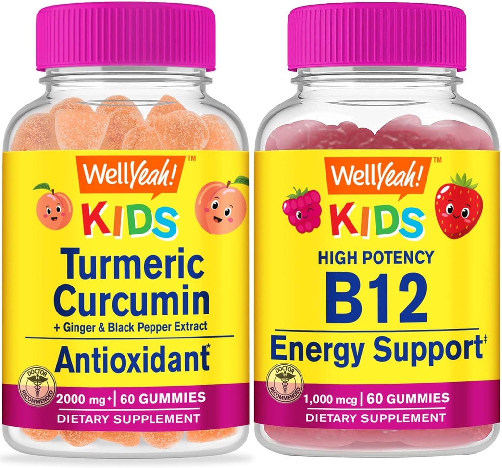 WellYeah Turmeric Curcumin Kids + Vitamin B12 Kids, Gummies Bundle - Great Tasting, Vitamin Suplemen, Gluten Free, GMO Bebas, Gummy Chewable