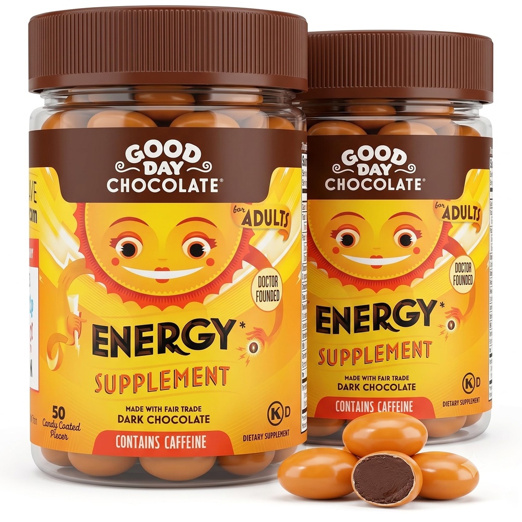 Good Day Chocolate Energy Supplemen untuk Orang dewasa [2 Pack] Cokelat Kafein Fair Trade dengan B-Vitamin, Teh Hijau Ekstraksi dan 20 mg Caffeine Per Potongan - Energi Booster untuk Perempuan dan Pria