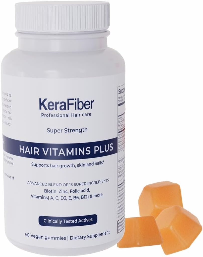 KeraFiber Profesional Vitamin Plus Gummies - Biotin Pengembangan Rambut Vegan Vitamin dengan Zinc, Vitamin A, C, D, E, B6, B12