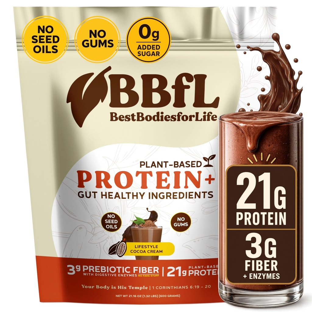 BbbfL Plant-Based Protein Shake - 21g Vegan Protein, Cocoa + Apple Cider Vinegar, Pregholes, Digetical Enzymes, Supports Gut Health - All-inone Shake for Women & Men (15 Servis, Cocococoa Cream)