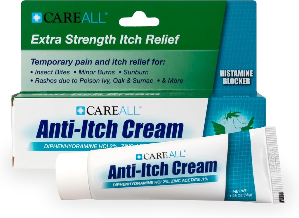 CareAll Antiltch Cream 1.25oz Histamine Blocking, Diphenhydramine HCI 2% a Topik Analgesic & Zinc Acetate 0.1% a Skin Protectant Provide Temporary Pain dan Itch Relief dari Common Outdoor Itches