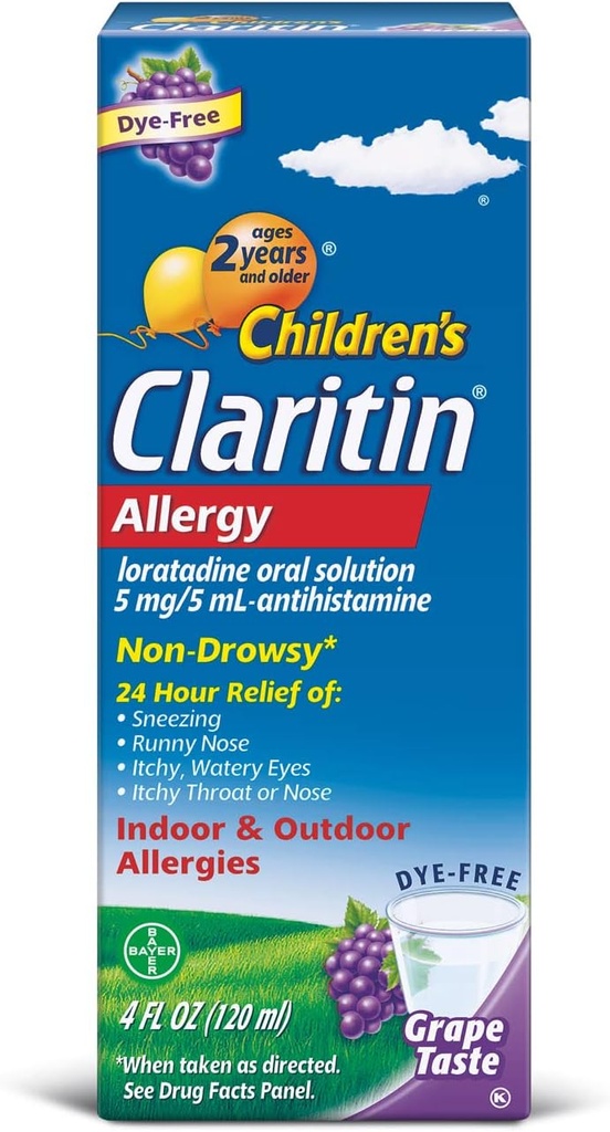 Claritin Children 's 2 Hour Non-Drowsy Allergy Solusi Oral 5 mg / 5 mL, Grape 4 Fl Oz