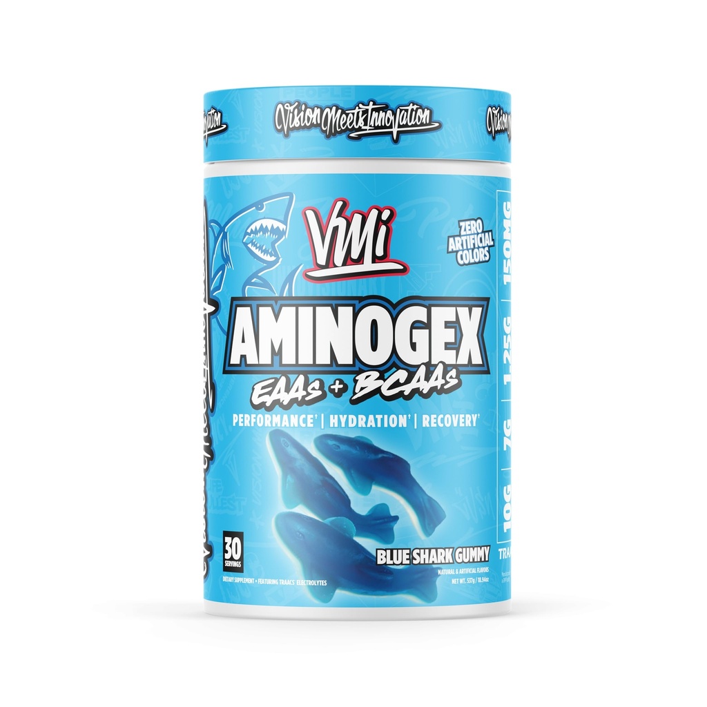 VMI Olahraga Aminogex Ultra 124; EAA + BCAA Powder 124; Amino Acid + Hydration Recovery dengan Electrolite, Betaine dan Glutamine 124; (30 Pelayan) (Blue Shark Gummy)