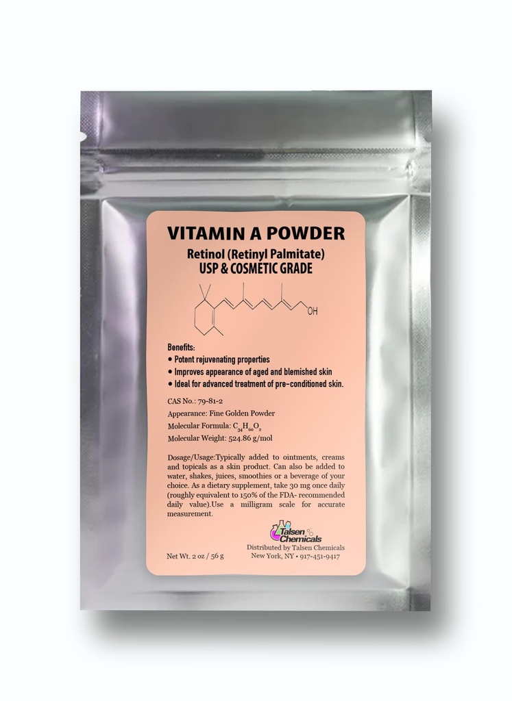 Vitamin A Powder Retinyl Palmitate, Retinol Murni bubuk Vitamin Soluble Vitamin A USP & Cosmetic Grams (2 oz. / 56 Grams)