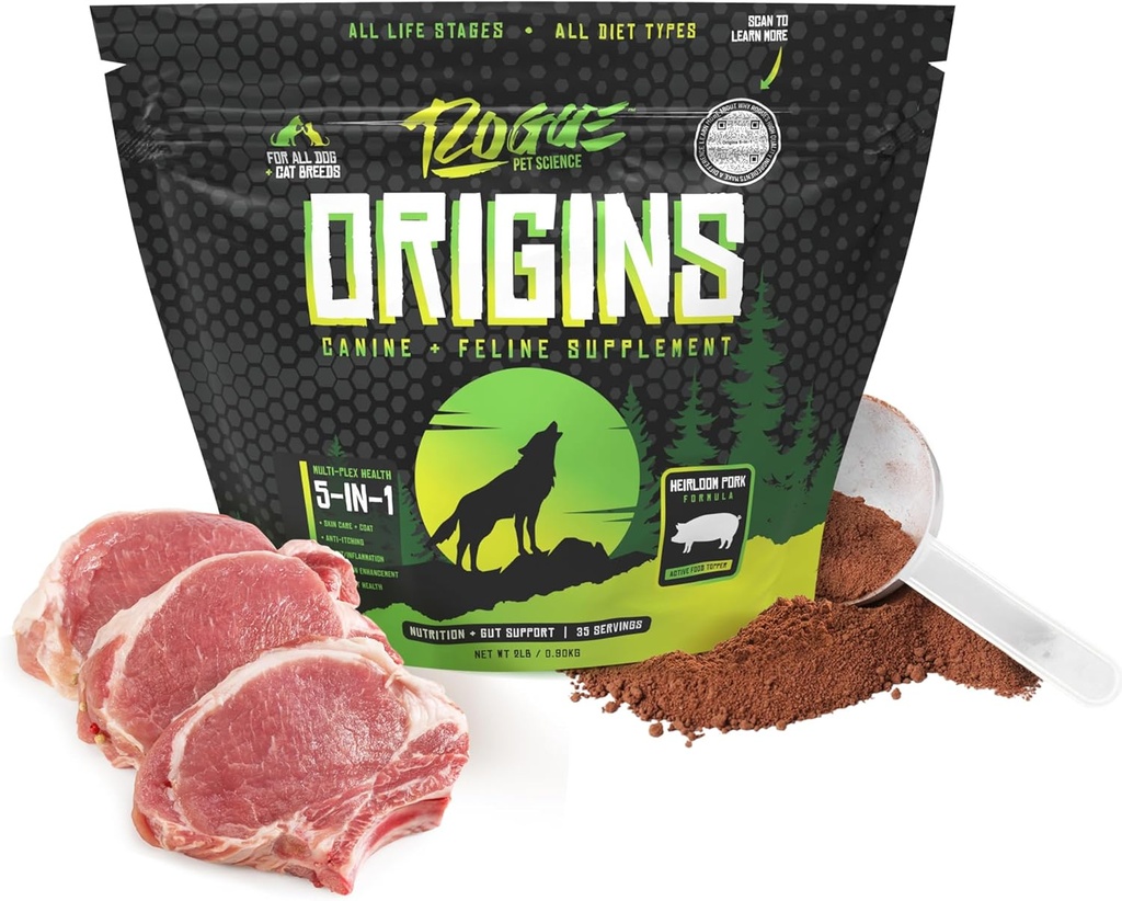 ROGUE PET SCIENCE Origins 5-in- 1 Tambahan Dog - Topper Makanan Berbahan w / Natural Heirloom Pork Protein - Mendukung Dibus Sehat, Skin, dan Coat - Membantu Mengurangi Inflammation Itching & 2 Lbs)
