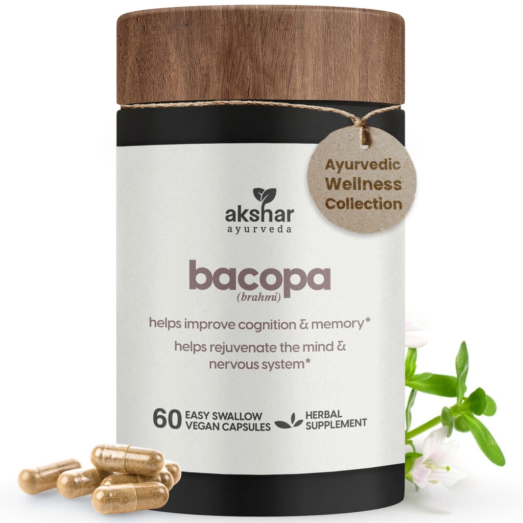 AKSHAR Ayurveda - Bacopa 500mg Brahmi Suplemen, Remeremate System, Bacopa Pills untuk Mendukung Fungsi Kognitif untuk Dewasa, Vegan Cruelty Free Babopa Monnieri (60 Count)