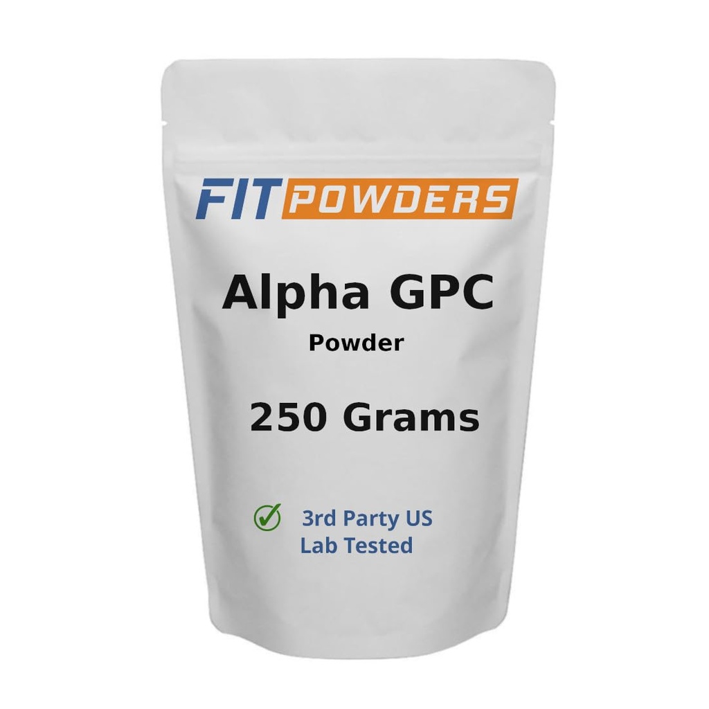 Alpha--GPC Powder 250 Grams, Non- GMO Alpha GPC Suplemen Chooline Poader, Vegan, Test Partai Ketiga, Pre- Workout, Memory dan Fokus, dengan Scoop
