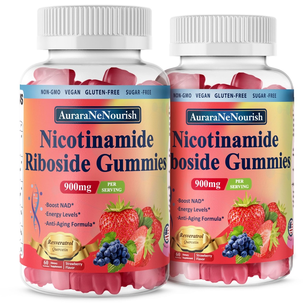 2 Pack NAD Resveratrol Suplemen, Sugar Free 900mg Gummies dengan Quercetin, Collagen, Vitamin Dukungan Anti Aging, Regenerasi Sel, Boost Energi, Penghasilan Kulit untuk Pria Perempuan