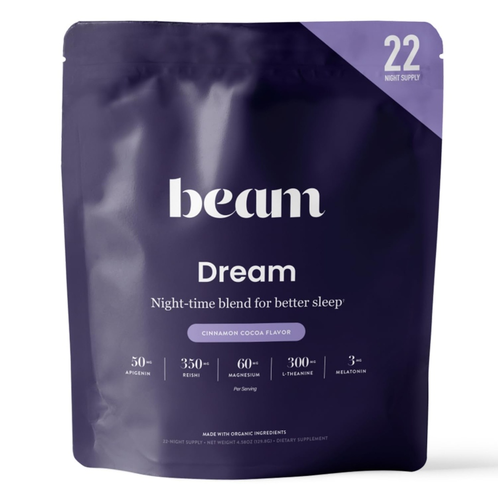 Beam Dream Sleep Powder, L- Theanine, Apigenin, Reishi dan Magnesium, Third Party Tested Natural Sleep Aid & Sleep Suplement for Deep Sleep, Relaxation dan Recovery, Natural Sleep Support, 22 Servis