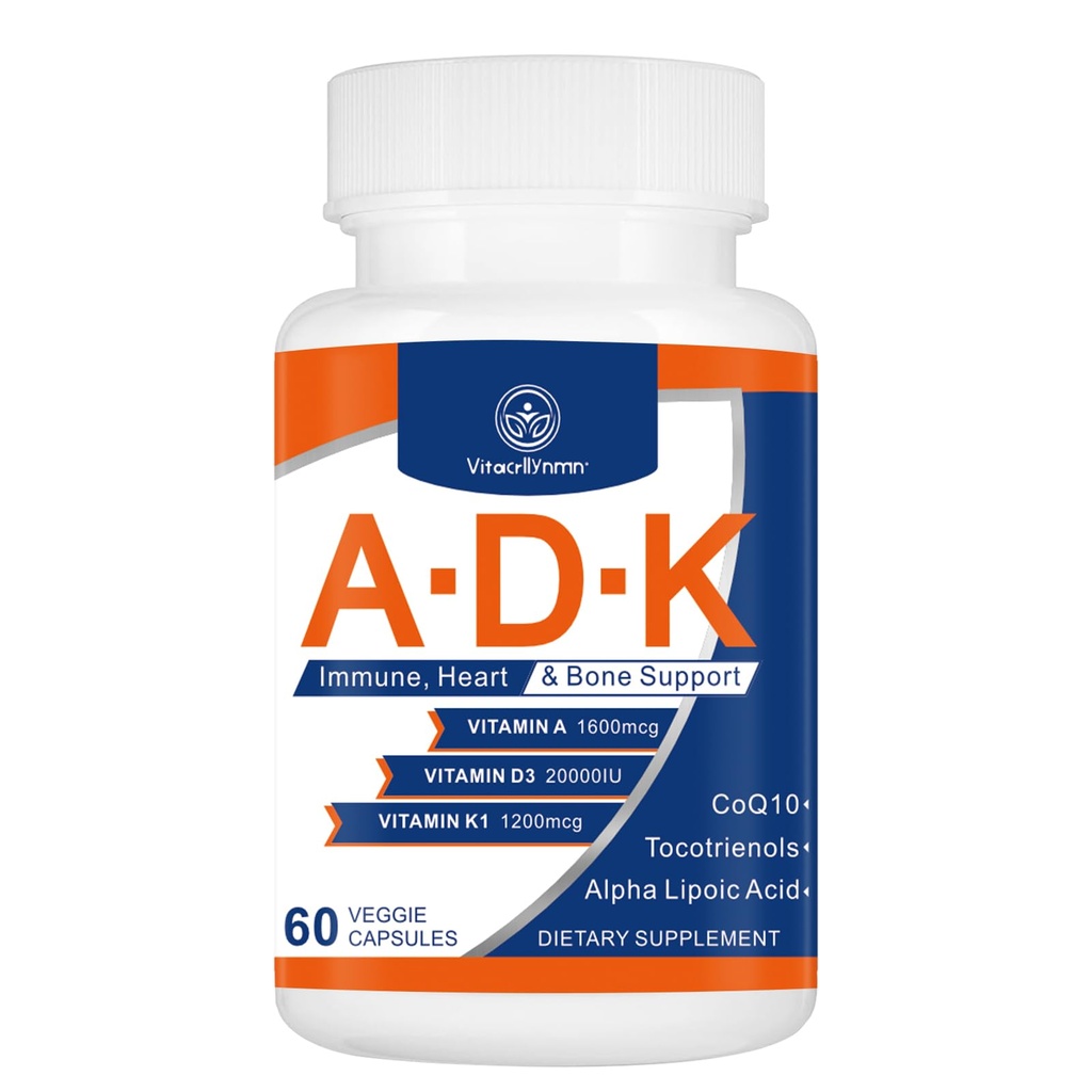 ADK Vitamin Suplemen 20000 IU - Potency Tinggi Vitamin A, D3 dan K1 for Heart, Bone Health dan Imune Dukung Vitamin 60 Kapsul