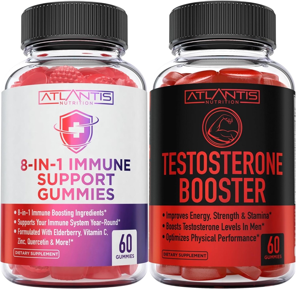 "Atlantis Nutrition 8 in-1 Imune Dukung 60 Gummies + Testosterone Booster 2-Pack (120 Gummies)