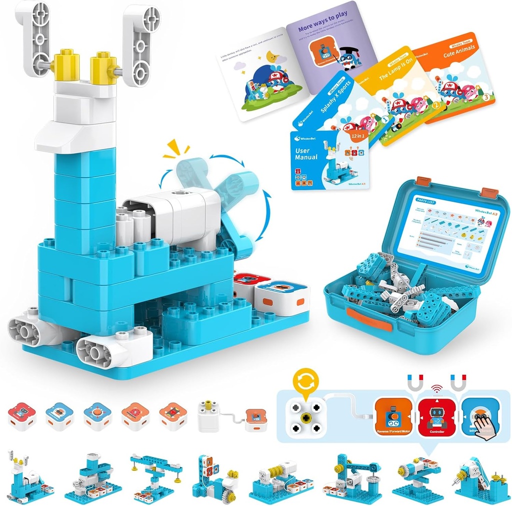 WhalesBot A3 12-in- 1 STEM Blocked Robot Coding Kit untuk Anak-Anak, 61- Piece Gedung Pendidikan Set dengan Interactive Histling, Ideal Toy Gift for Boys & Girls Ages 3-6