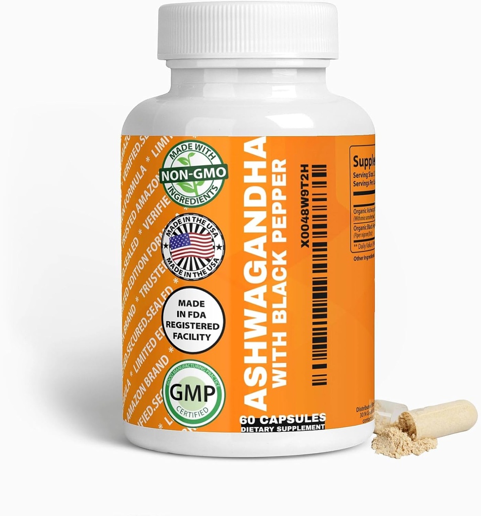 Generik Organik Ashwagandha & Black Pepper Kapsul, 1300mg & 10mg, 60 Count, Boost Immunity & Mood Tentu