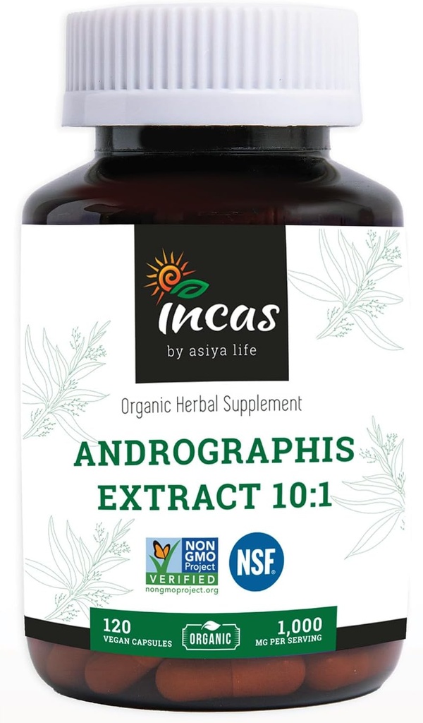 Inca Andrographis Capsules Max Andrographies - Ukuran Serving 1.000mg (120 Kapsul) - Secara klinis Dipelajari untuk Kesehatan Sistem Imune & Non GMO Diverifikasi oleh NSF
