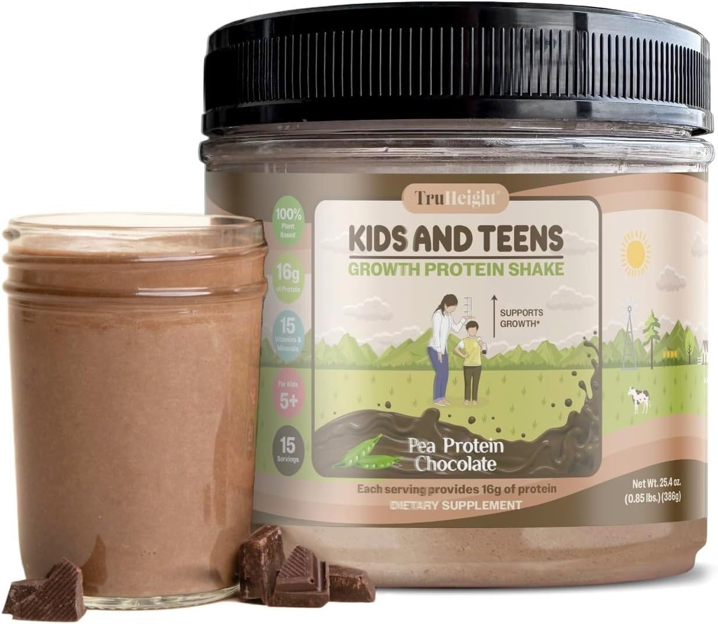 Truight Growin Protein Shake (Chocolate Milk Flavor, Plant) Natural Growth & DevelinProtein Powder for Kids & Teens - Weight Gain Minuman, Endorsed by Pediatrician, Picky Eater Vitamin, Ages 5 +